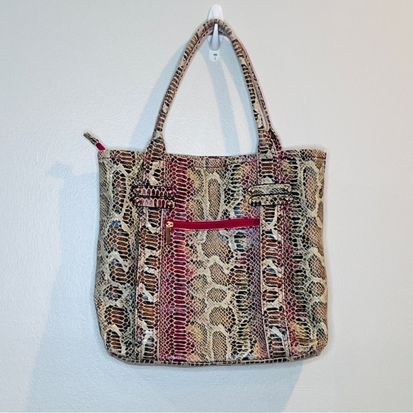 Faux Leather Multicolor Rattlesnake Textured Pattern Large Tote Bag Zippered 14" - Picture 2 of 11